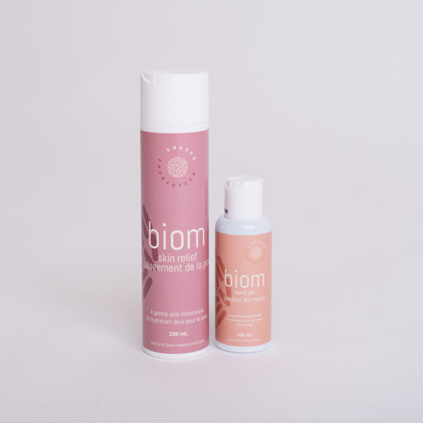 Probiotic skin care collection.  Biom Skin Relief is a gentle skin moisturizer that nourishes dry, irritated skin.  Biom Hand Gel is a hand sanitizer formulated for sensitive skin types.